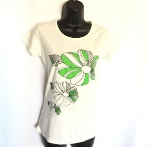 EUC-Women's Cap Sleeve White/Green Floral Top